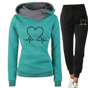 Love Heart Printed Sports Suit Hooded Sweatshirt Top And Drawstring Pants Fashion Casual Clothing For Women