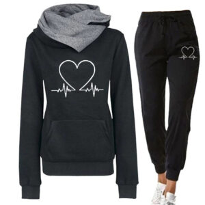 Love Heart Printed Sports Suit Hooded Sweatshirt Top And Drawstring Pants Fashion Casual Clothing For Women