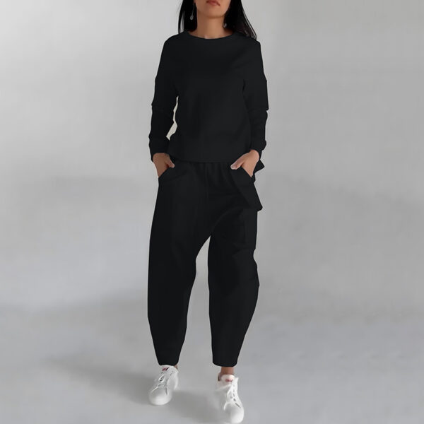 Solid Color Fashion Sweatshirt Long Sleeve Back Slit Top With Pockets Loose Trousers Women's Clothing - Image 7