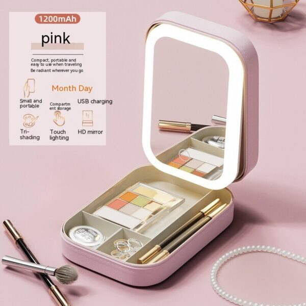 Makeup Storage Box With LED Light Mirror Portable Travel Makeup Cosmetics Storage Box Touch Light Storage Organizer - Image 5